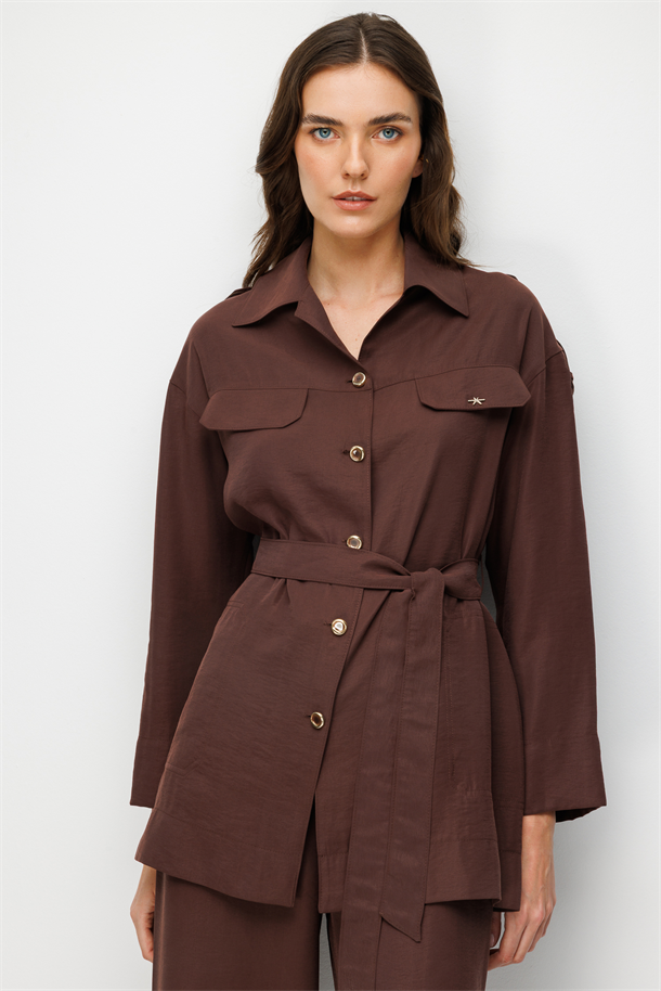 Kuşaklı Cupra Tunik Gömlek-KAHVE