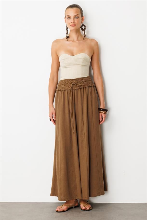 Lastik Bel Geniş Paça Pantolon-KAHVE