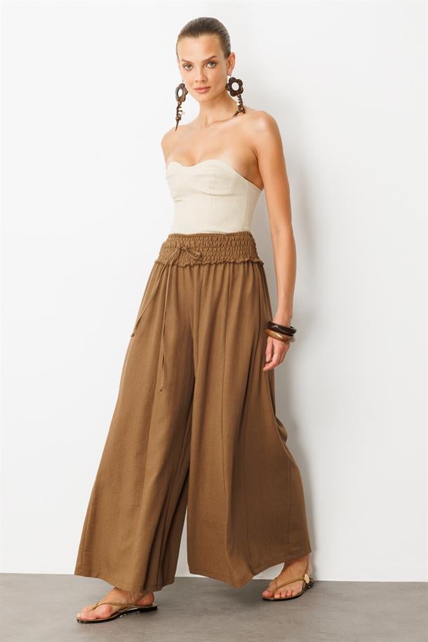 Lastik Bel Geniş Paça Pantolon-KAHVE