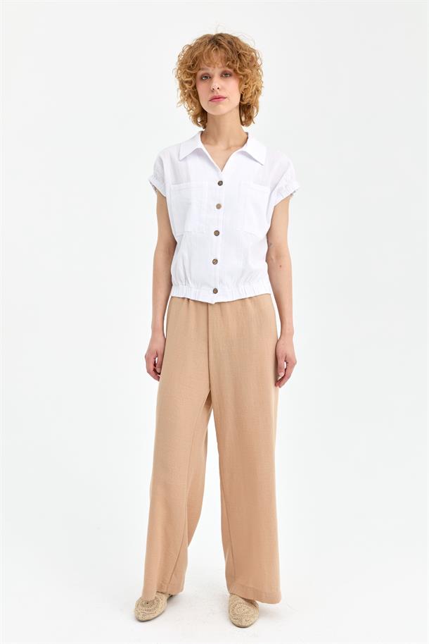 Lastik Detaylı Şile Bezi Gömlek-BEYAZ