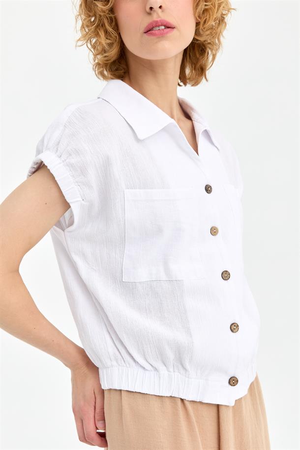 Lastik Detaylı Şile Bezi Gömlek-BEYAZ