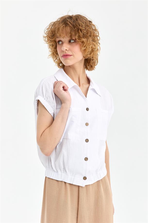 Lastik Detaylı Şile Bezi Gömlek-BEYAZ