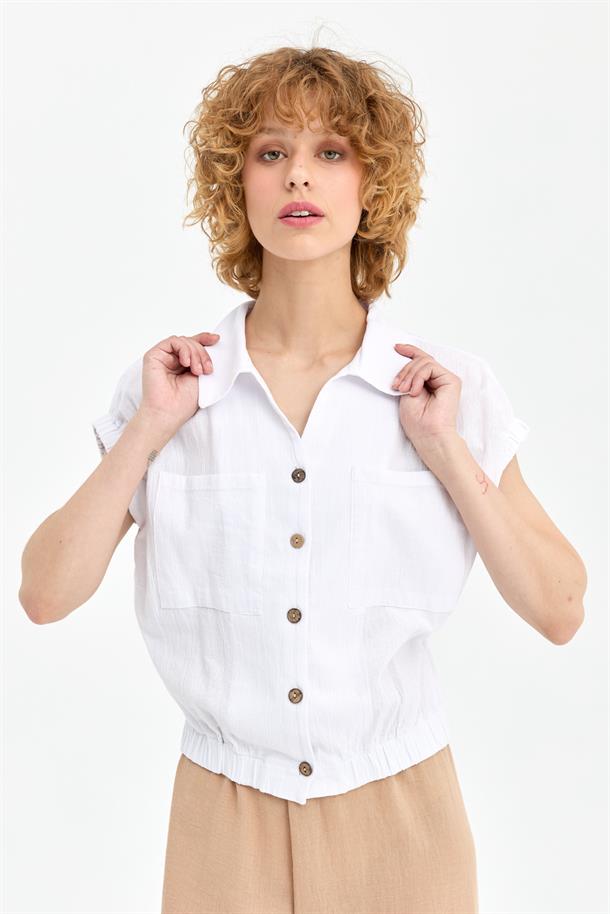 Lastik Detaylı Şile Bezi Gömlek-BEYAZ