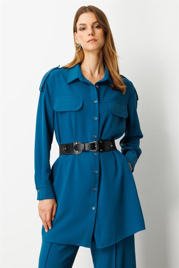 Lastik Kemer Detaylı Krep Tunik Gömlek-PETROL