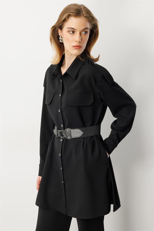 Lastik Kemer Detaylı Krep Tunik Gömlek-SİYAH