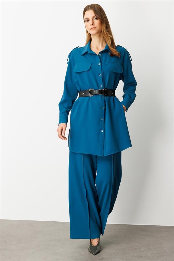 Lastik Kemer Detaylı Krep Tunik Gömlek-PETROL