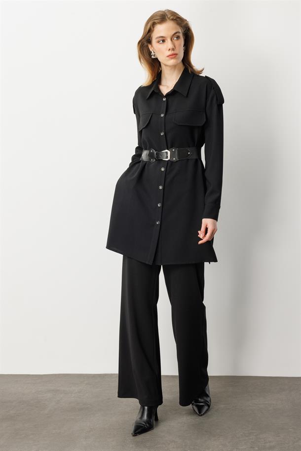 Lastik Kemer Detaylı Krep Tunik Gömlek-SİYAH