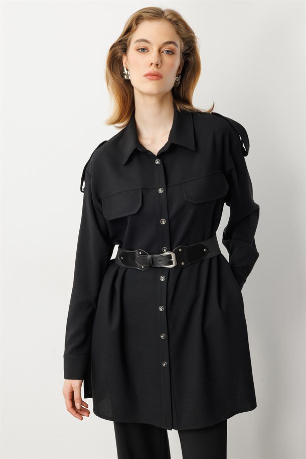 Lastik Kemer Detaylı Krep Tunik Gömlek-SİYAH