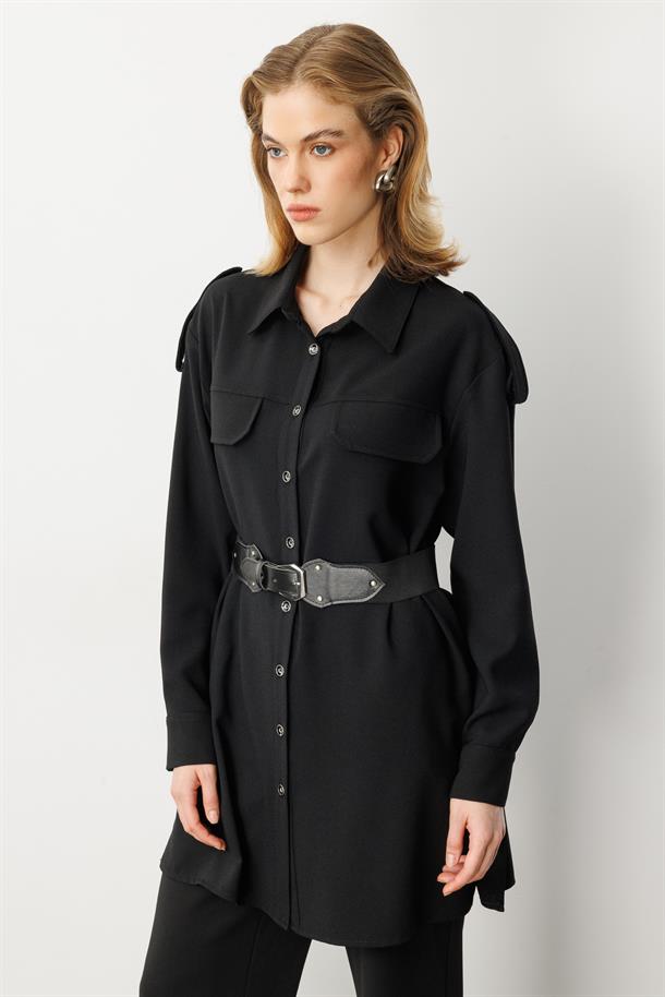 Lastik Kemer Detaylı Krep Tunik Gömlek-SİYAH