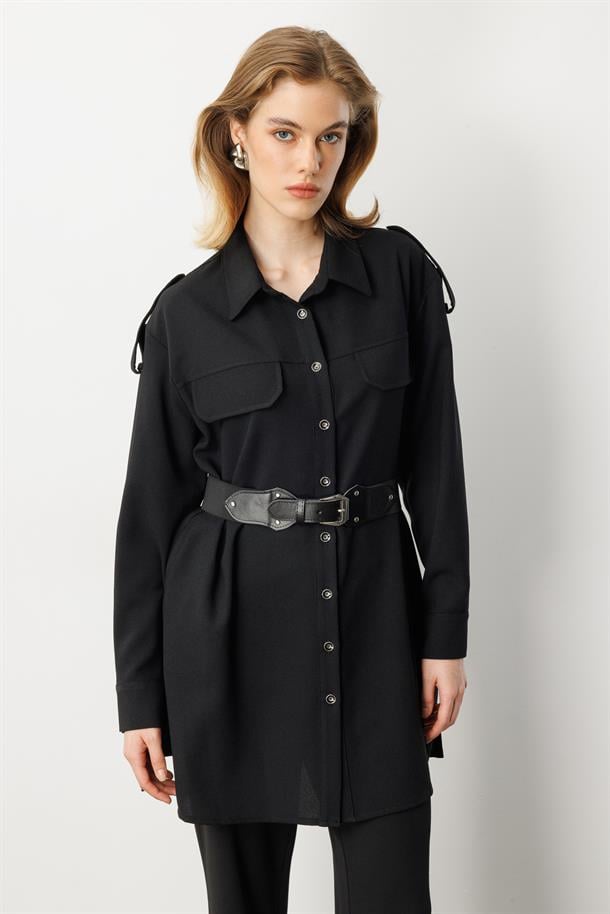 Lastik Kemer Detaylı Krep Tunik Gömlek-SİYAH