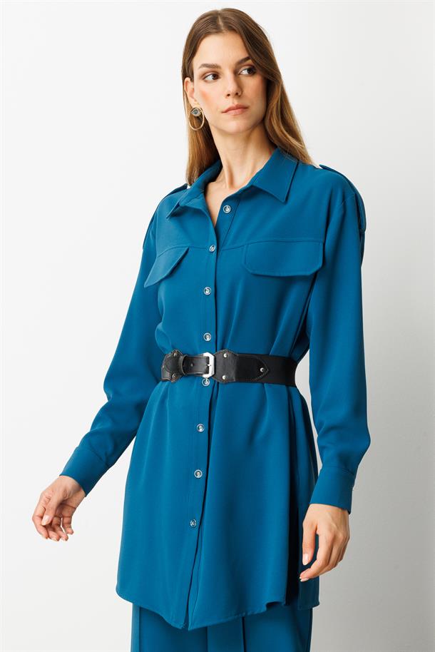 Lastik Kemer Detaylı Krep Tunik Gömlek-PETROL