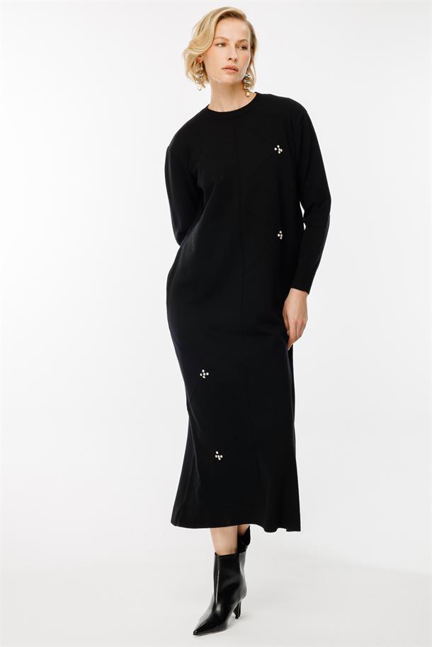 Lazer Desen Triko Elbise-SİYAH