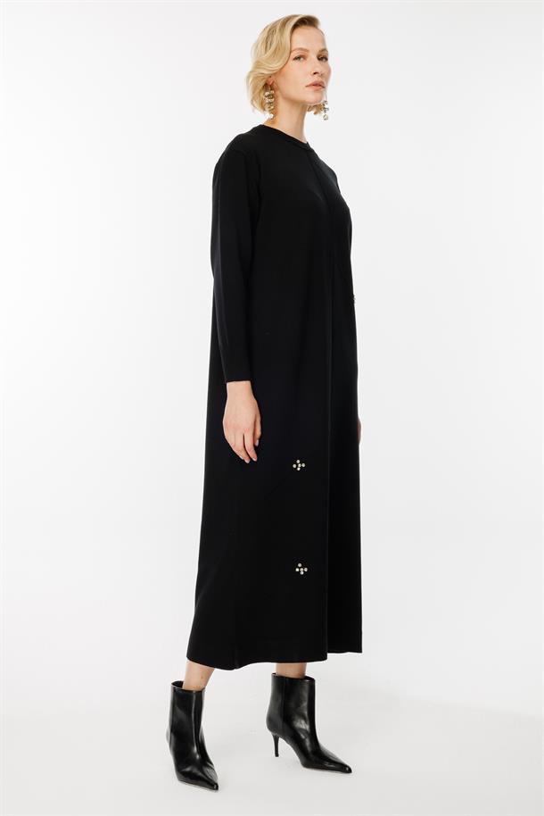 Lazer Desen Triko Elbise-SİYAH