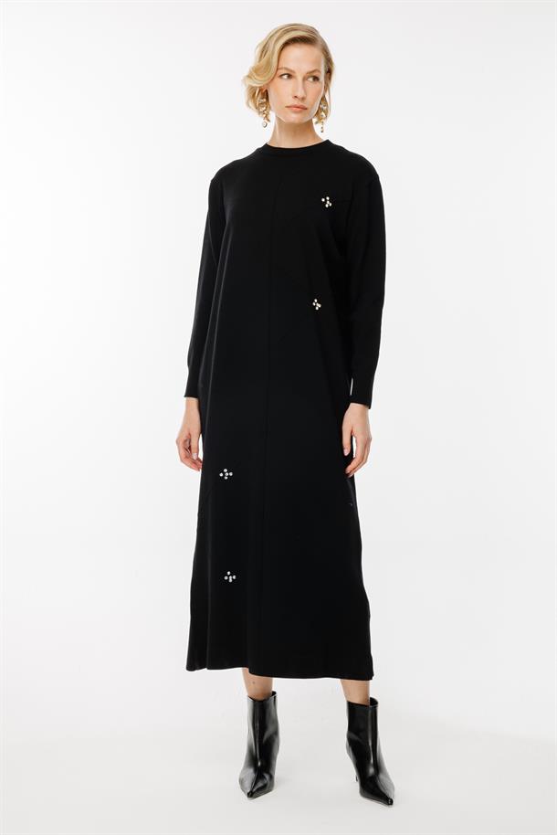 Lazer Desen Triko Elbise-SİYAH