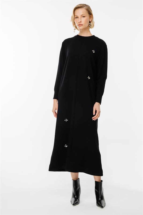 Lazer Desen Triko Elbise-SİYAH