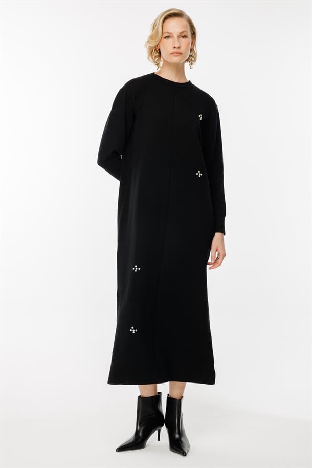 Lazer Desen Triko Elbise-SİYAH