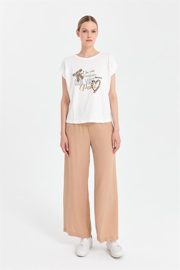 Leopar Baskı Desenli Tişört-EKRU