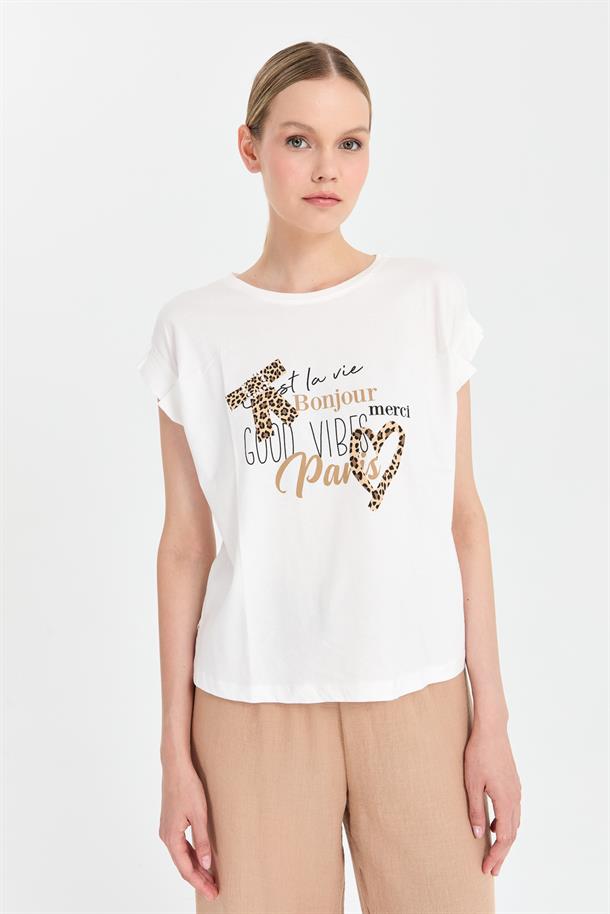 Leopar Baskı Desenli Tişört-EKRU