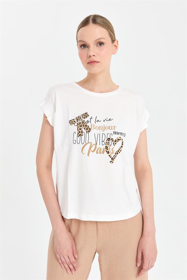 Leopar Baskı Desenli Tişört-EKRU