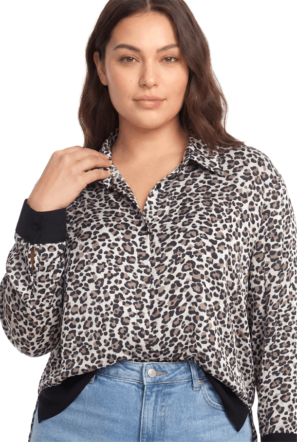 Leopar Desen Saten Gömlek-SİYAH
