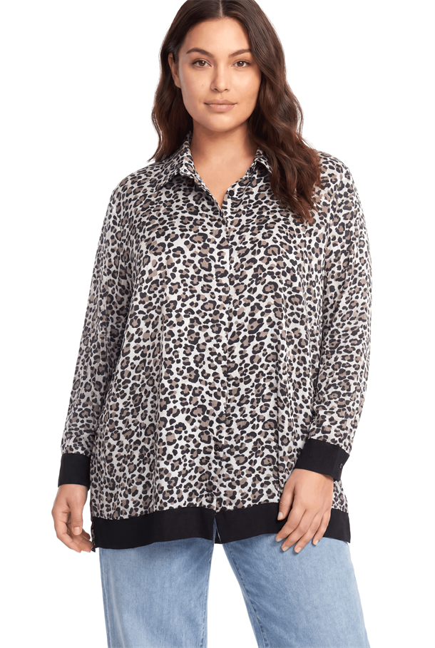 Leopar Desen Saten Gömlek-SİYAH