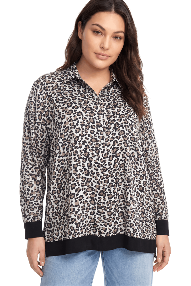 Leopar Desen Saten Gömlek-SİYAH