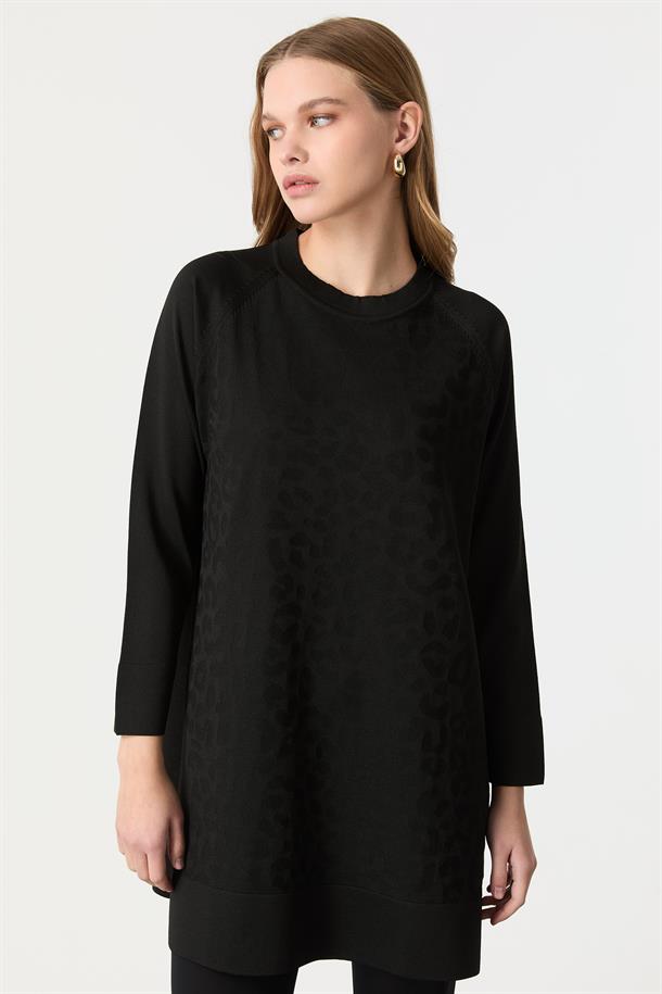 Leopar Desen Triko Tunik-SİYAH