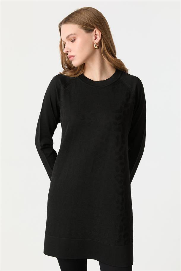 Leopar Desen Triko Tunik-SİYAH
