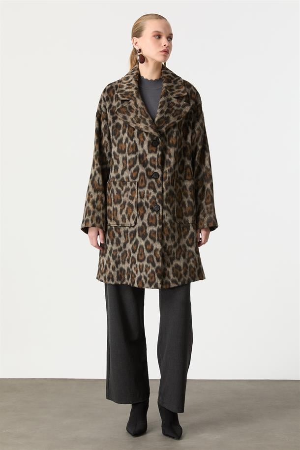 Leopar Desenli Kaşe Kaban-CAMEL