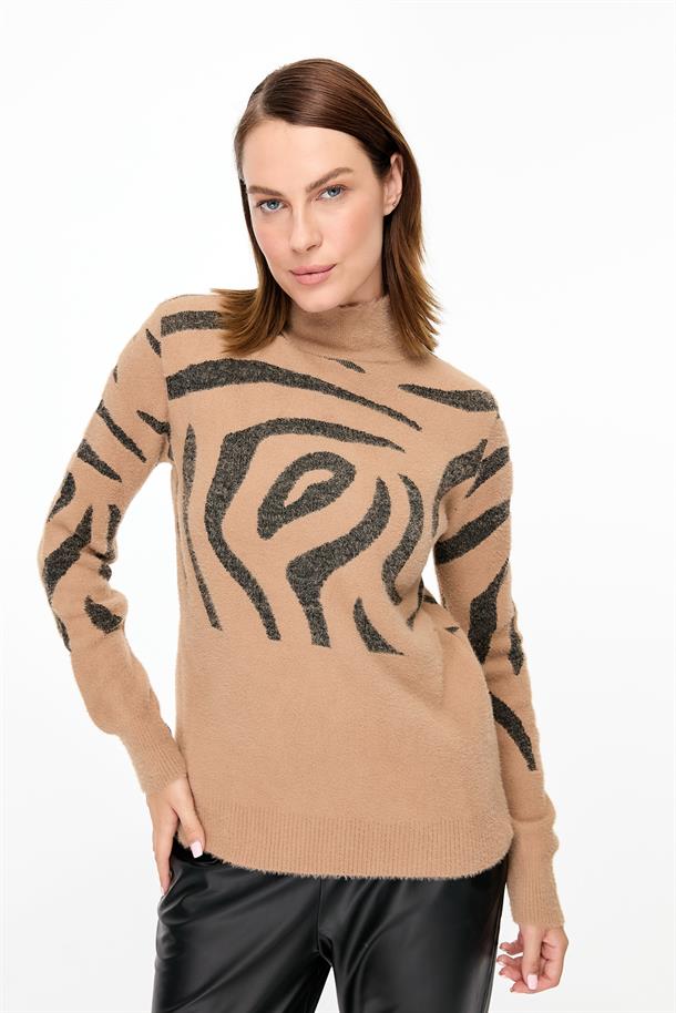 Leopar Desenli Triko Kazak-CAMEL