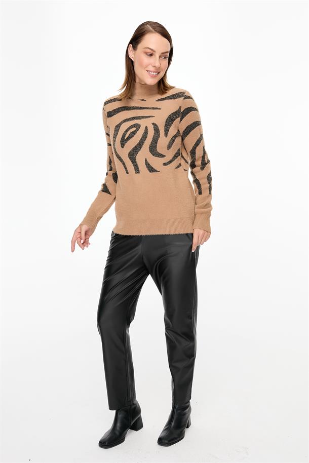 Leopar Desenli Triko Kazak-CAMEL