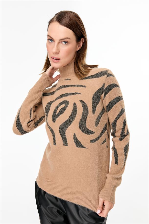 Leopar Desenli Triko Kazak-CAMEL