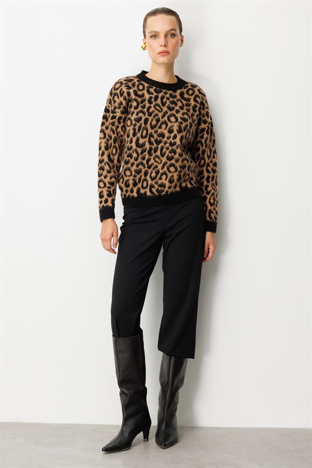 Leopar Desenli Triko Kazak-SİYAH