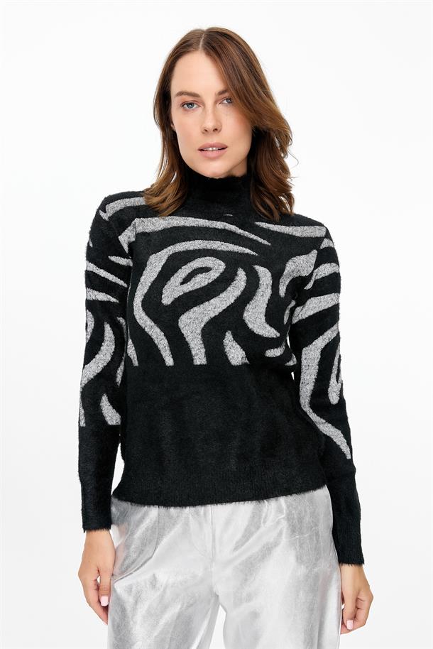 Leopar Desenli Triko Kazak-SİYAH