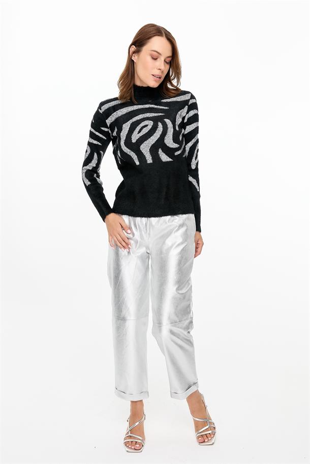 Leopar Desenli Triko Kazak-SİYAH