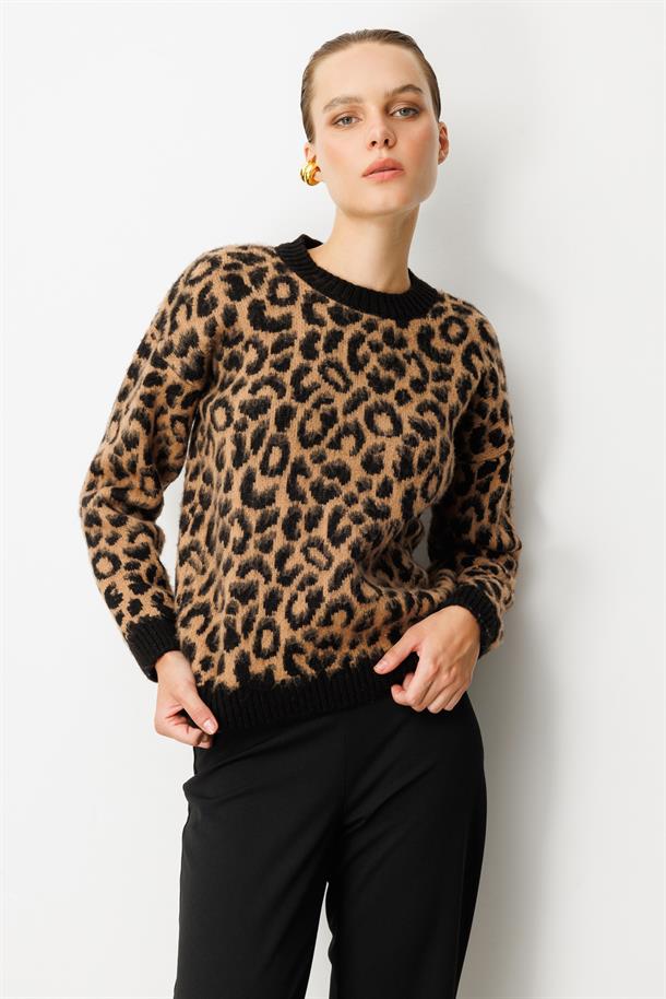 Leopar Desenli Triko Kazak-SİYAH