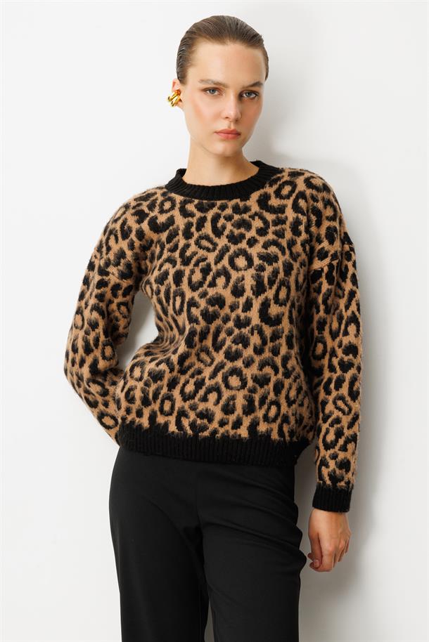 Leopar Desenli Triko Kazak-SİYAH