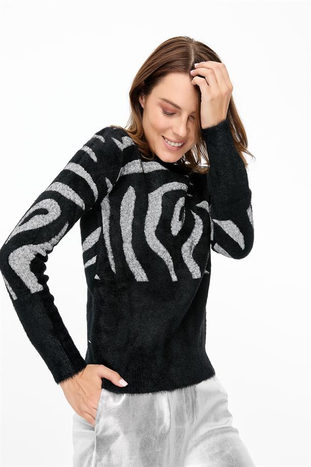 Leopar Desenli Triko Kazak-SİYAH