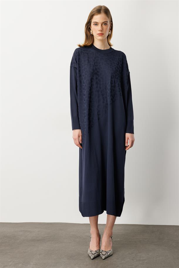 Leopar Desenli Triko Uzun Elbise-LACI