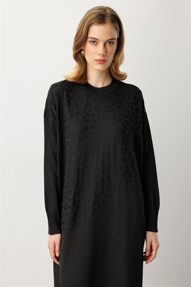 Leopar Desenli Triko Uzun Elbise-SİYAH