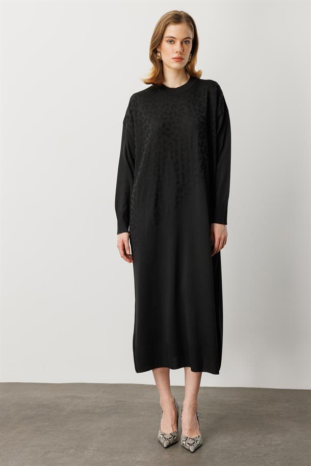 Leopar Desenli Triko Uzun Elbise-SİYAH