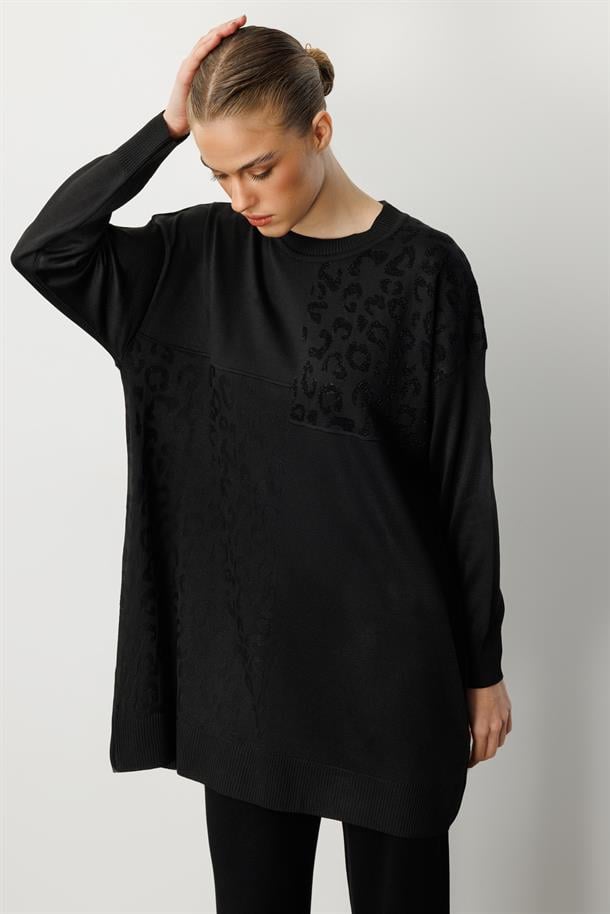 Leopar Kombinli Triko Tunik-SİYAH