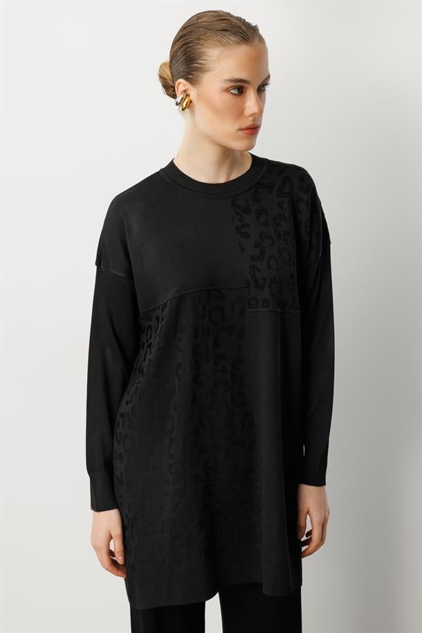 Leopar Kombinli Triko Tunik-SİYAH