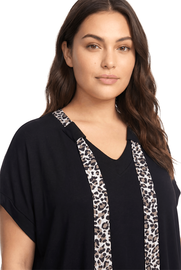Leopar Şal Detaylı Penye Bluz-SİYAH