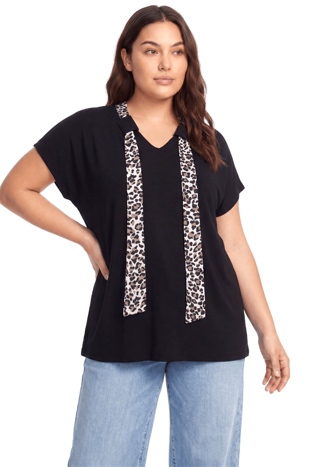 Leopar Şal Detaylı Penye Bluz-SİYAH