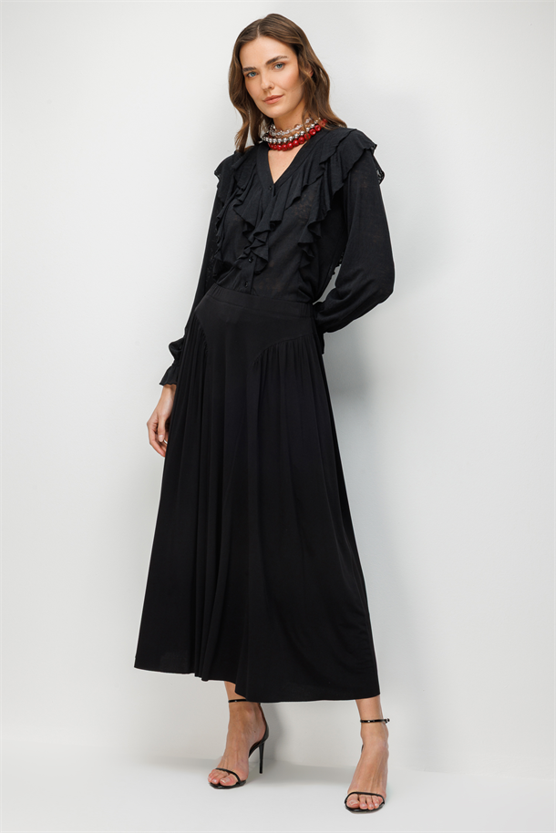 Likralı Krep Etek-SİYAH