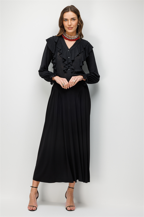 Likralı Krep Etek-SİYAH