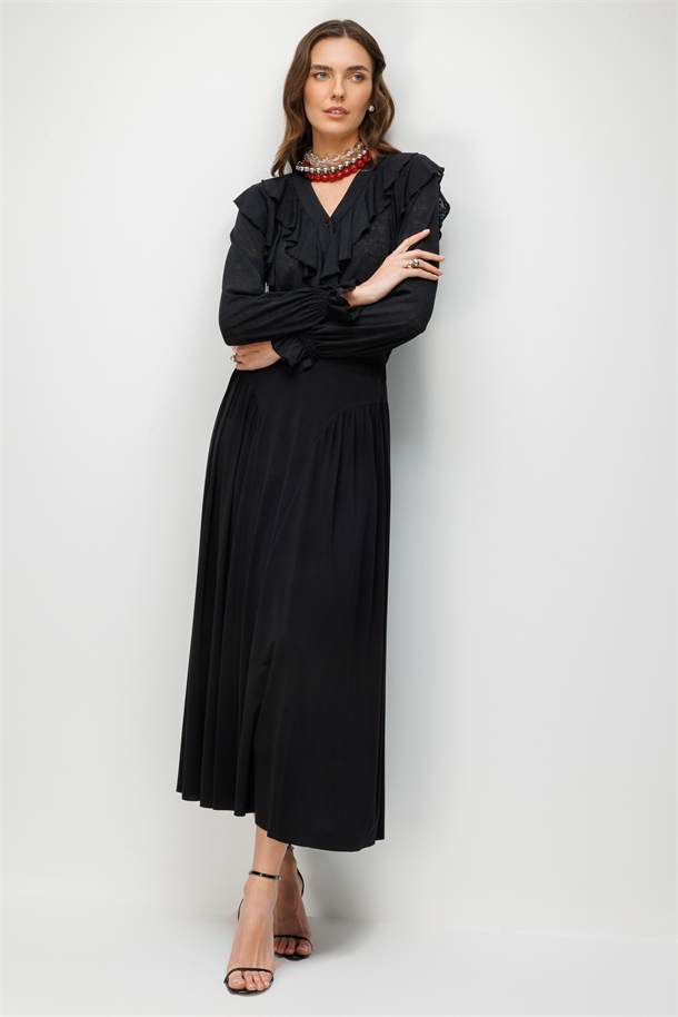 Likralı Krep Etek-SİYAH