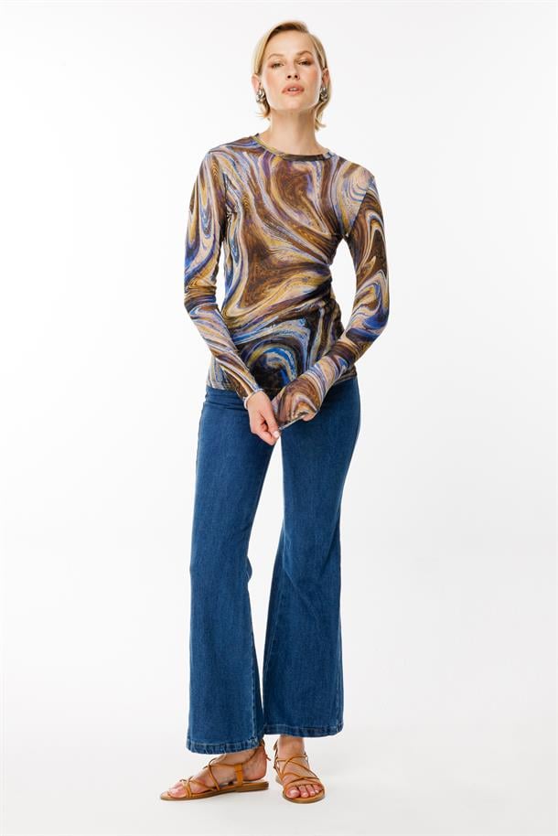 Likralı Tül Bluz-MAVİ