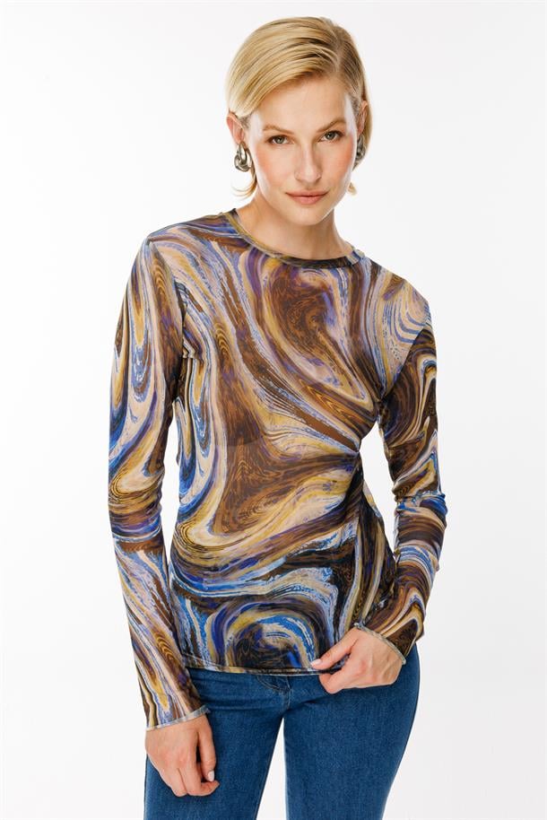 Likralı Tül Bluz-MAVİ